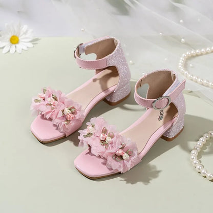 2026 Summer Kids Elegant Sandals New Sequins Girls Catwalk Shoes for Wedding Party Fashion Flower Children's Princess High Heels