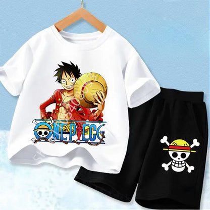 Summer Short Sleeve Clothes Set Anime Boy Girl T Shirt Shorts 2pcs One Piece Kids Outfit Chopper Luffy Tracksuit Suit Children