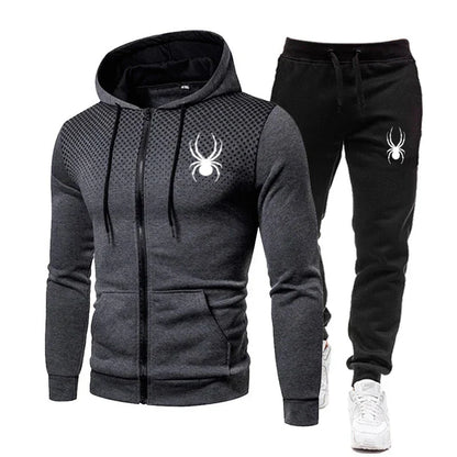 2025 Spring Winter spider print zipper long-sleeved hoodie + stretch waist pants two-piece men's sports jogging fitness suit