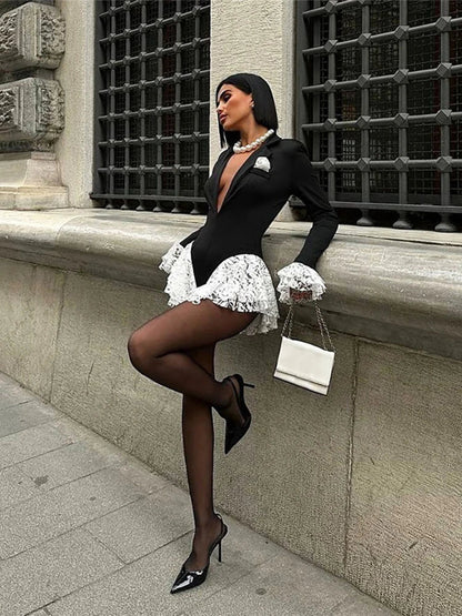 Weird Puss Sexy Ruffle Bodysuit Women Jacquard Deep V-Neck Lapel Tierred Patchwork Full Sleeve Elegant Stretch Skinny Clubwear