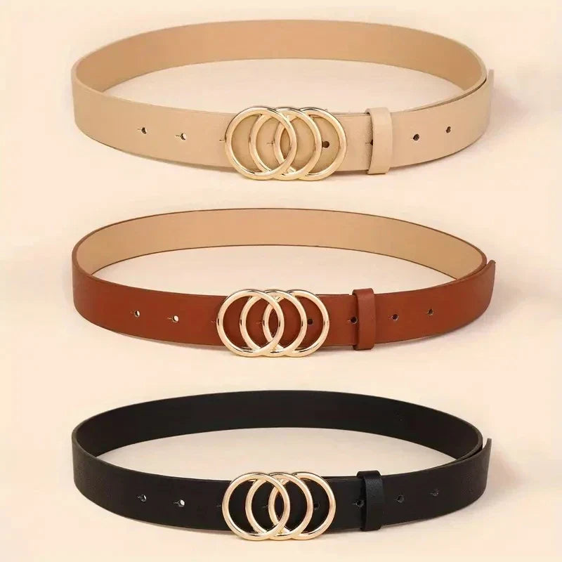 Golden Triple Ring Buckle Belts Simple Solid Color PU Leather Waistband Classic Jeans Pants Belt Dress Coat Girdle For Women