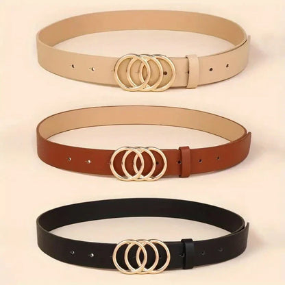 Golden Triple Ring Buckle Belts Simple Solid Color PU Leather Waistband Classic Jeans Pants Belt Dress Coat Girdle For Women