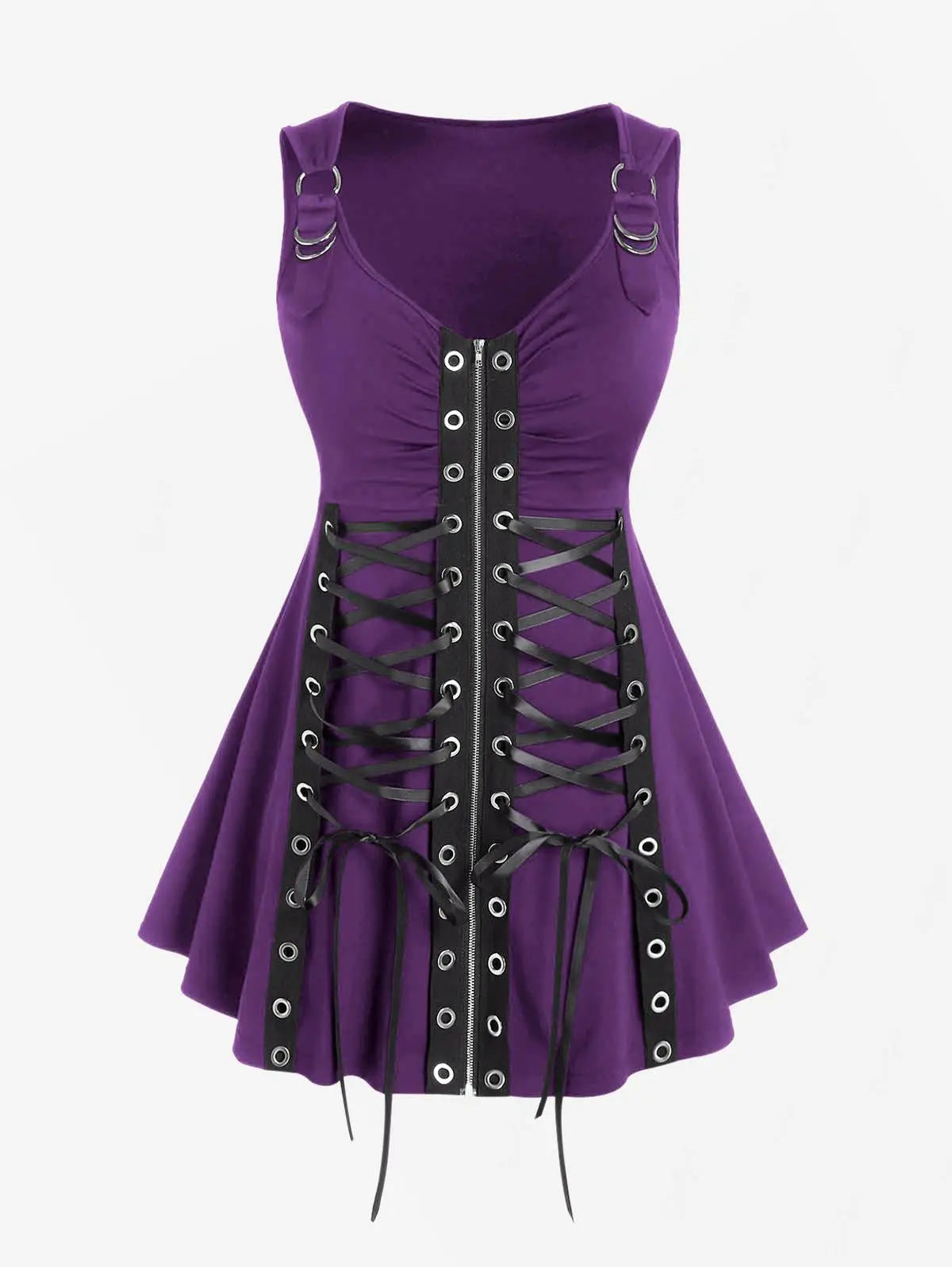 Plus Size Gothic Full Zipper Grommets Camis Tops Buckle Strap Plaid Vest Women Summer Sweetheart Neck Empire Waist Tanks