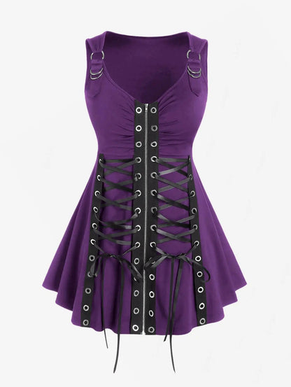 Plus Size Gothic Full Zipper Grommets Camis Tops Buckle Strap Plaid Vest Women Summer Sweetheart Neck Empire Waist Tanks