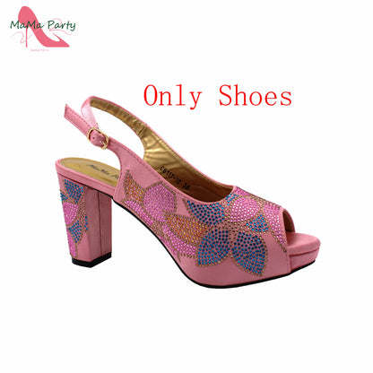 2024 Italian Design Shoes and Bag Set in Pink Color High Quality New Arrivals with Shinning Crystal for Wedding Party