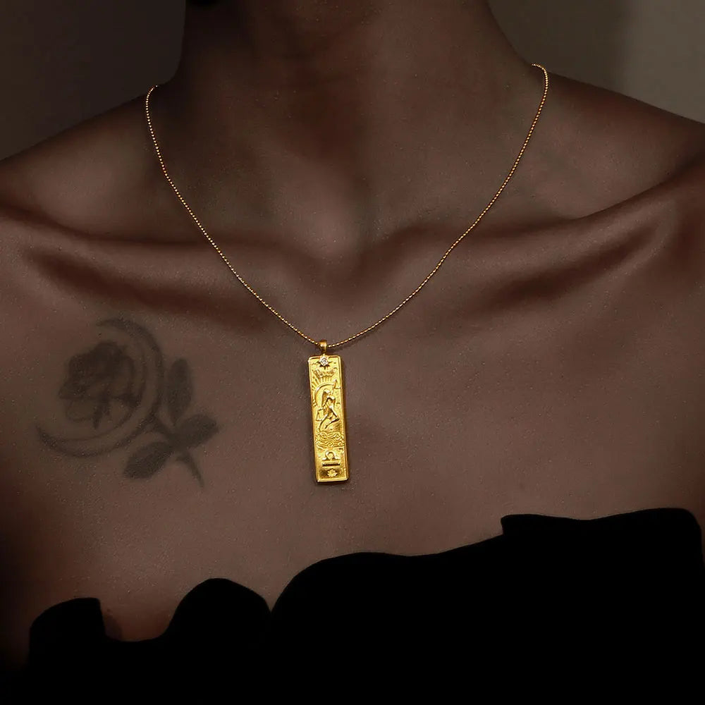 18k Gold Plated Rectangle Shape 12 Constellation Pendant Necklace Stainless Steel Waterproof Fashion Women's Jewelry