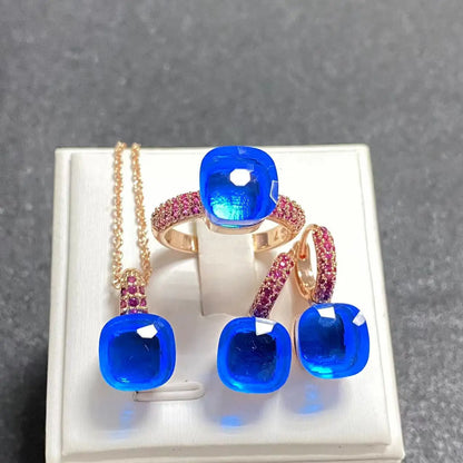 Conjunto de Joias Femininas 3 Peças - Anel, Brincos e Colar Banhados a Ouro Rosé com Zircônia Roxa Incrustada