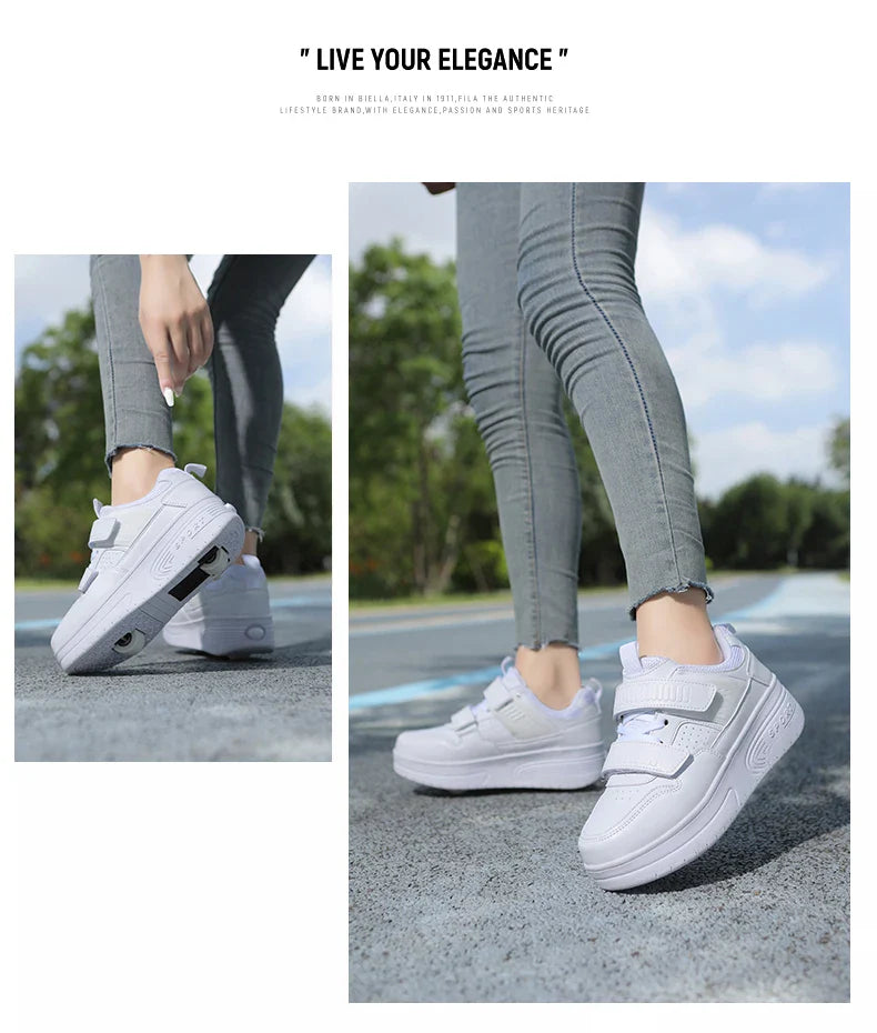Autumn 2025 Kids Walking Shoes Detachable Double Wheel Roller Skates Boy Leather Student Shoe Four Wheeled Children Shoes Girl