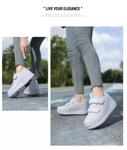 Autumn 2025 Kids Walking Shoes Detachable Double Wheel Roller Skates Boy Leather Student Shoe Four Wheeled Children Shoes Girl