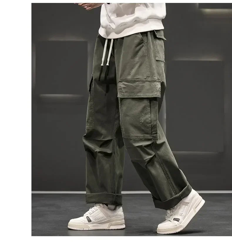 Autumn New Wide Leg Pocket Cargo Pants Men Trousers Neutral Loose Casual Cotton Straight Outdoor Fashion Pants Big Size 8xl