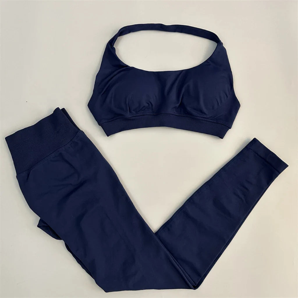 Yoga Legging Sets for Women Seamless Yoga Set Scrunch Butt Legging Set Workout Gym Suit with Halter Crop Top