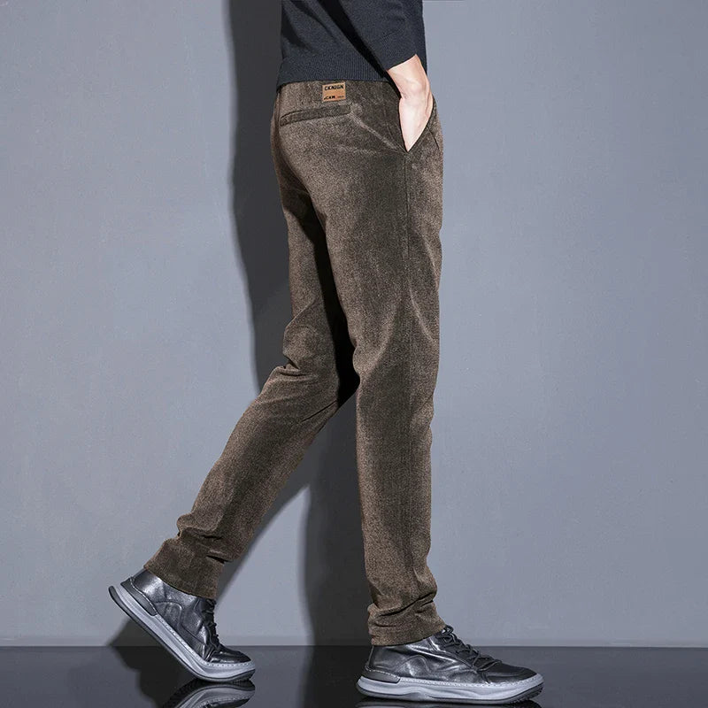Men's Solid Straight Casual Pants Autumn Woolen Slim Fit Office Pants Vintage Elastic Waist Youth Trousers Everyday Wear