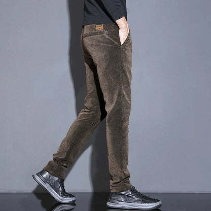 Men's Solid Straight Casual Pants Autumn Woolen Slim Fit Office Pants Vintage Elastic Waist Youth Trousers Everyday Wear