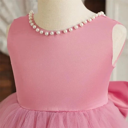 Princess Girl Bow Dress Kids Tulle Wedding Guest Party Birthday Pearls Elegant Bridesmaid Pageant Prom Ball Gown Gift