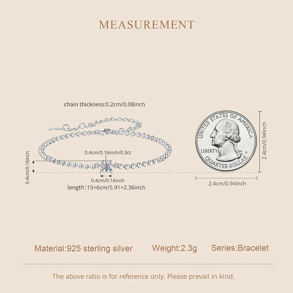 Sparking Moissanite Beads Bracelet Round Cut Adjustable Wrist Chain for Women Teens 925 Sterling Silver Birthday Gift