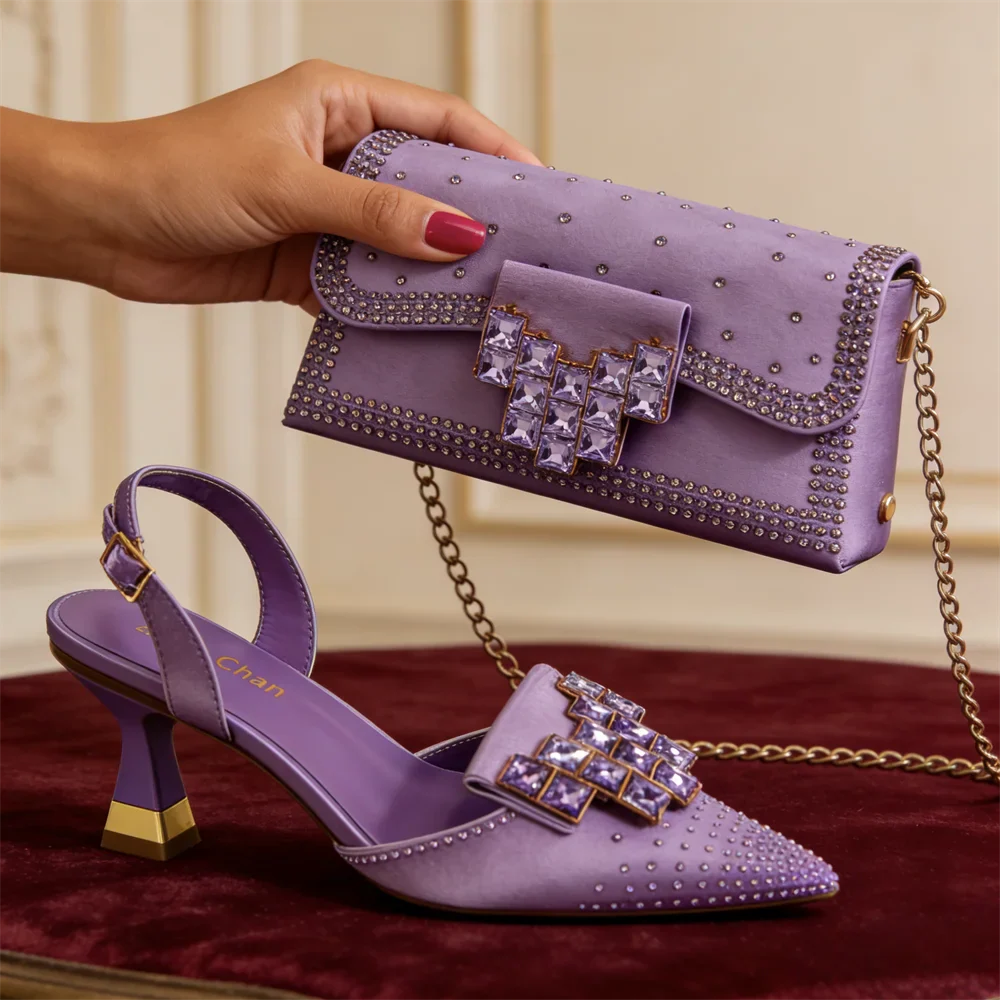 Fuchsia Rhinestone High Heel Shoes & Matching Bag Fashionable Pointed-Toe Footwear for Women - Perfect for Parties