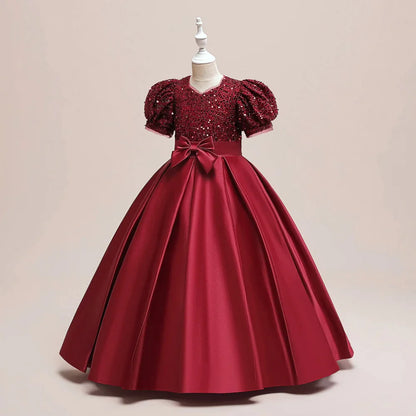 Christmas Sequin Bridesmaid Girl Dresses Elegant Bow Wedding Party Princess Prom Kids Dress For Girls Birthday Evening Costumes