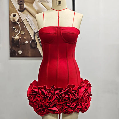 Christmas Dress Strapless Backless Red Structured Floral Embellished Mini Length Bodycon Celebrity Party Cocktail Dress