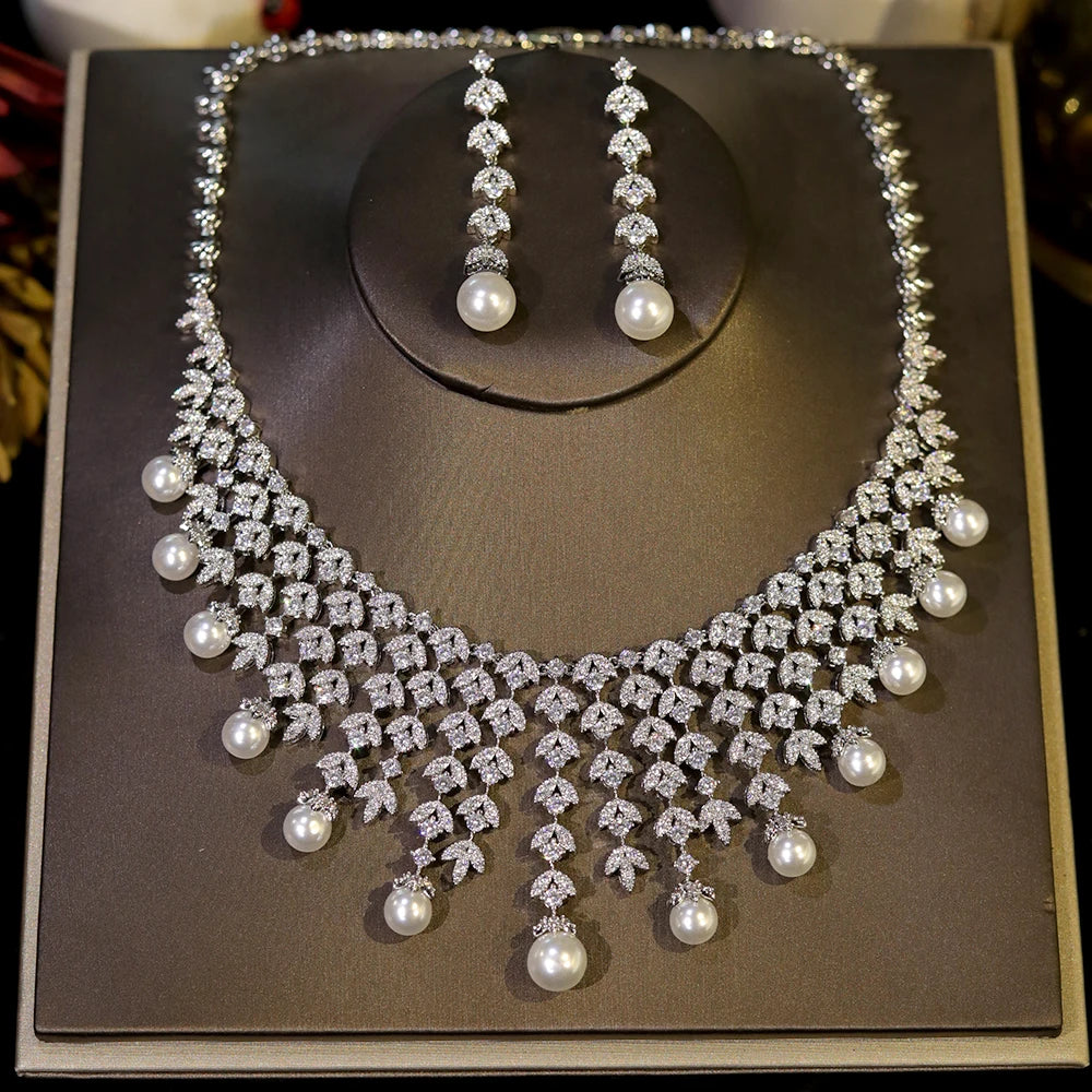 3A Cubic Zirconia Silver Color Tassel Necklace Luxury Pearl Jewelry Sets Bridal Dubai Wedding PROM Accessories