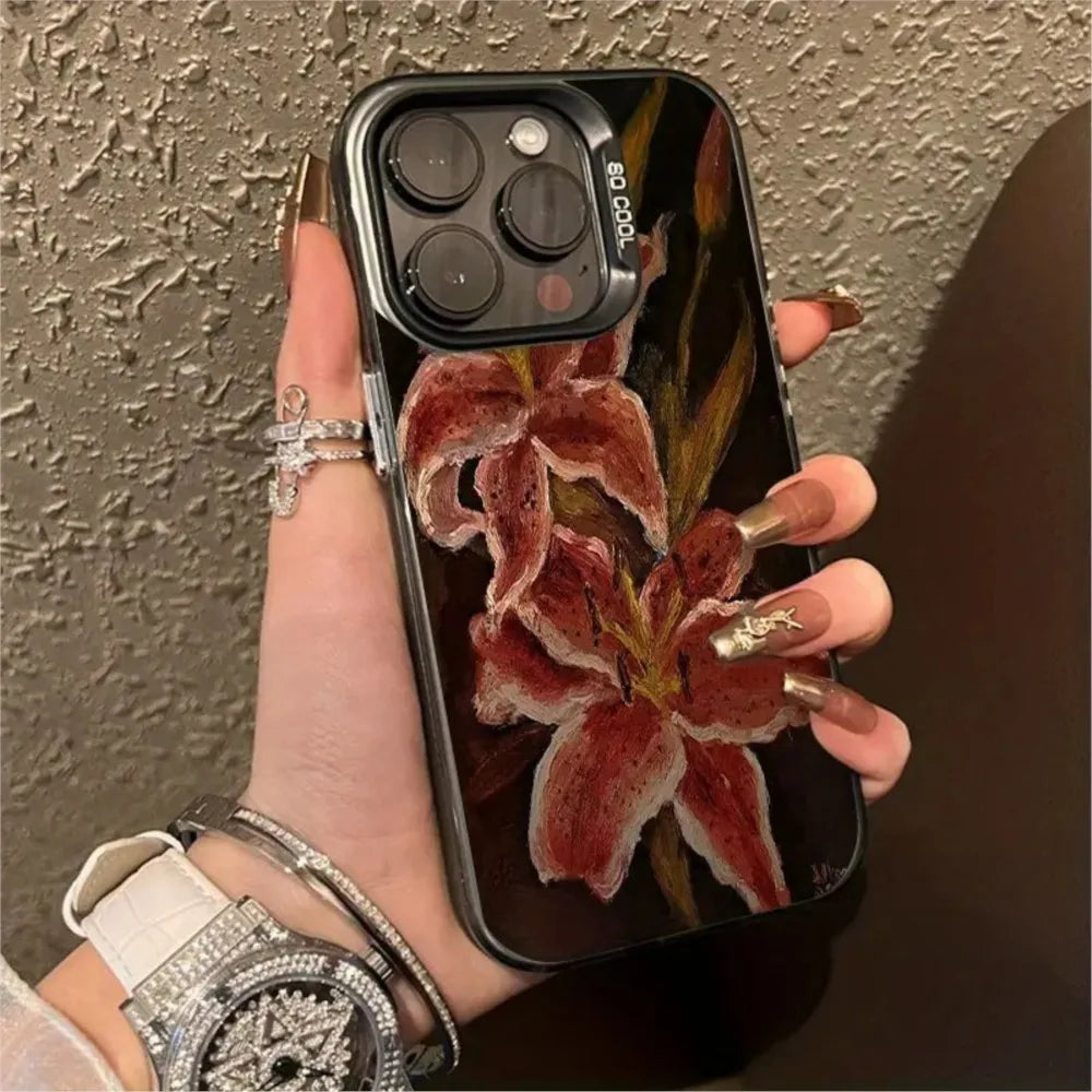 Painting Lily Flower Phone Case For iPhone 17 Air 16 15 14 13 12 11 Pro Max 7 8 Plus Black Hard Cover