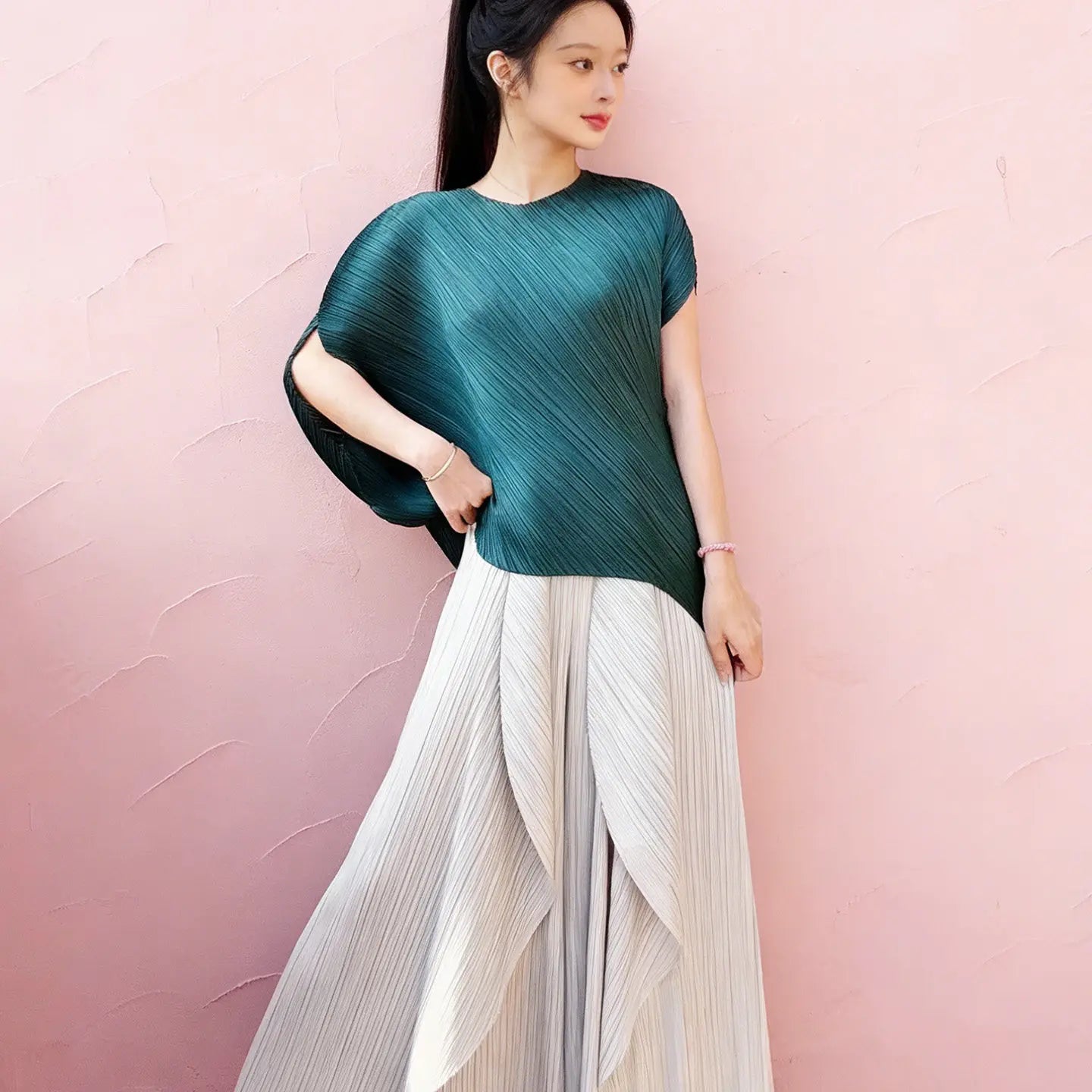 Miyake pleated high-end design fashionable irregular solid color round neck top for women