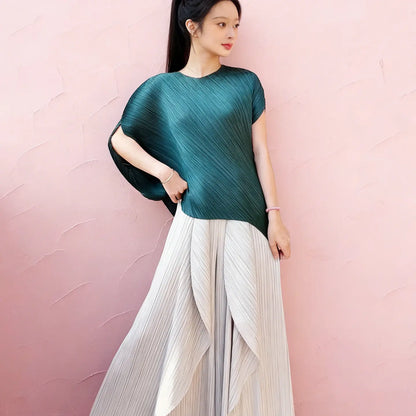 Miyake pleated high-end design fashionable irregular solid color round neck top for women