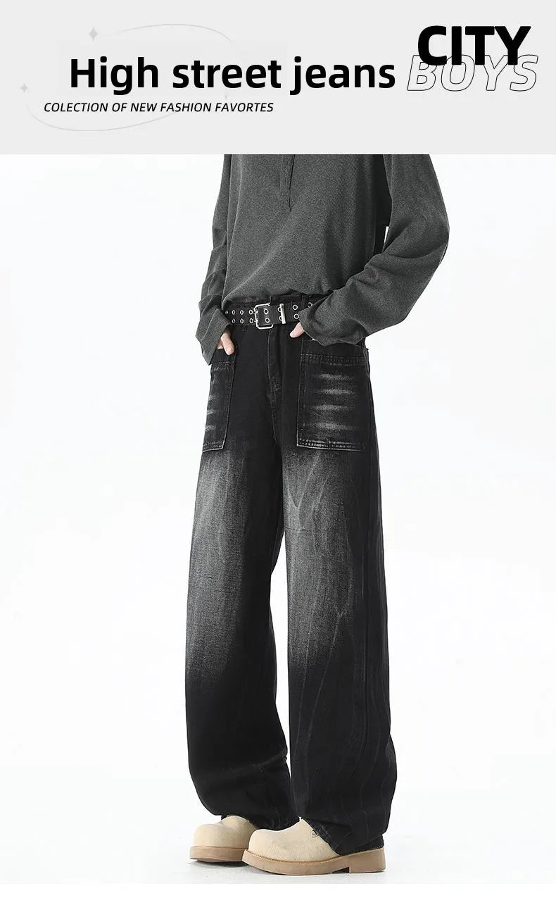 Men's Baggy Soft Casual Pants Gray Autumn Fashion Versatile Comfortable Stretch Straight  Leg Jeans Male High Street Retro Jeans
