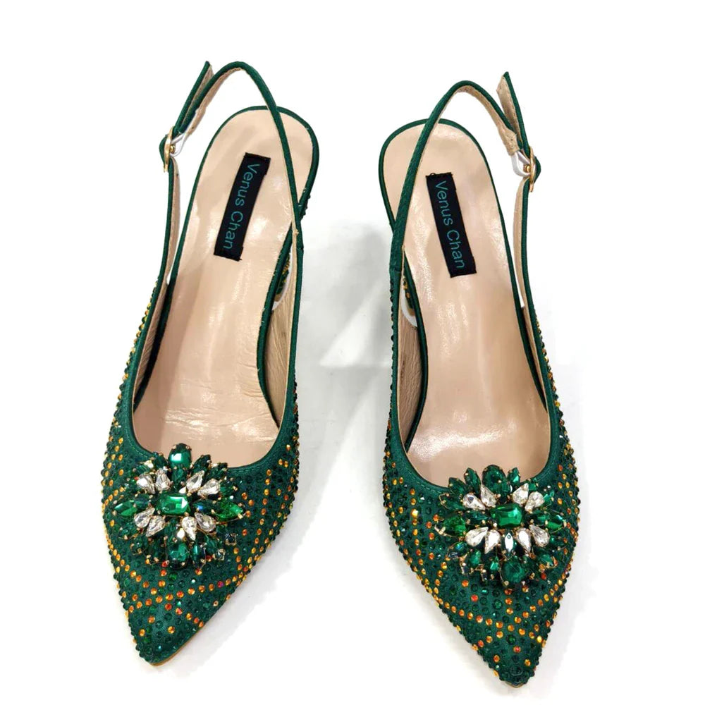 INS Style Green Party Shoe and Bag Set in Women Pointed-Toe Rhinestone High Heels Elegant African Ladies Shoes