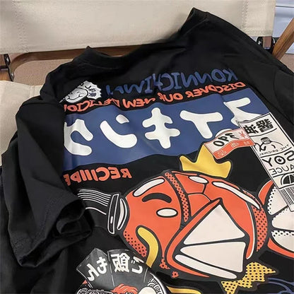 Summer New Japanese Anime Carp Men's T Shirts Y2k Clothes Oversized Cotton Women's Short Sleeve Graphic Tee Couple Tops Harajuku