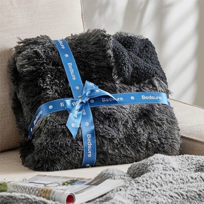 King Size Fluffy Tie Dye Black Blanket, Thick Sherpa Faux Fur Fleece Bedding for Winter Warmth, Cozy Gift 108x90
