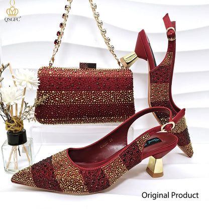 Gold Color Elegant Women Heels Shoes and Bag Set Hollow Rhinestones  High Heels Wedges Shoes Matching Bag