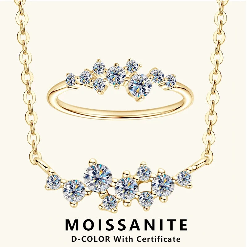 Colar e Anel de Diamantes Moissanite Prata Esterlina 925 Conjunto de Joias com Pingente de Aglomerado para Mulheres Anéis de Noivado Presente