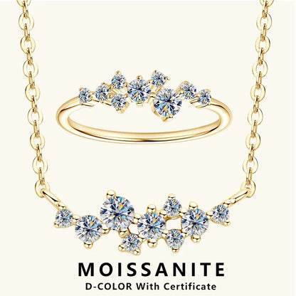 Colar e Anel de Diamantes Moissanite Prata Esterlina 925 Conjunto de Joias com Pingente de Aglomerado para Mulheres Anéis de Noivado Presente