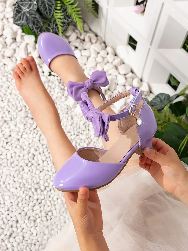 Fashion Girls Wedding Party Sandals for Dress Elegant Children Causal Princess High Heel Sandals Kids Leather Shoes with Bowknot