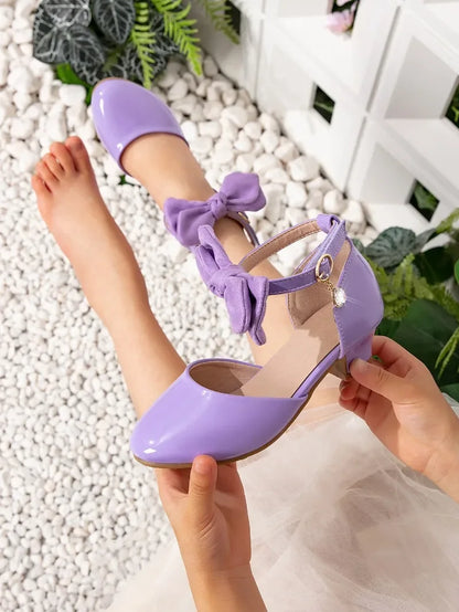 Fashion Girls Wedding Party Sandals for Dress Elegant Children Causal Princess High Heel Sandals Kids Leather Shoes with Bowknot