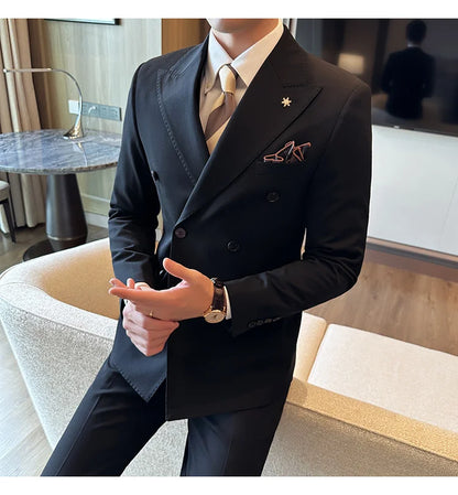 (Jackets+Pants) Luxury Double Breasted Design Slim Fit Suit High Quality Fashion Men's Wedding Social Suit Tuxedo 2 Piece Set