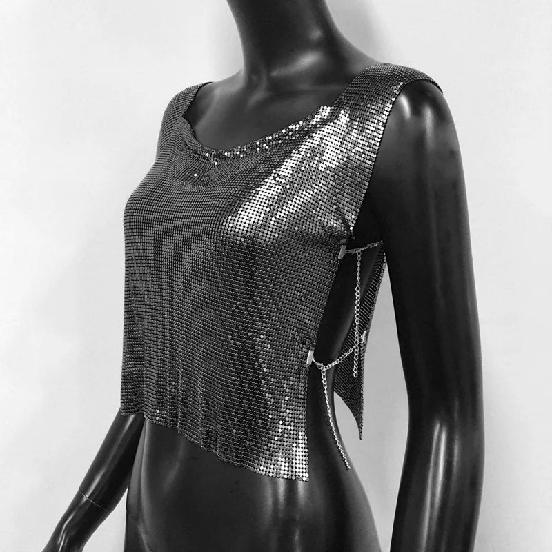 Women Metal Sequins Crop Tops Sexy Hollow Out Sleeveless Backless Y2k Tank Tops Nightclub Party Rave Festival Camisole 2023 New