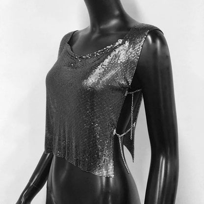 Women Metal Sequins Crop Tops Sexy Hollow Out Sleeveless Backless Y2k Tank Tops Nightclub Party Rave Festival Camisole 2023 New