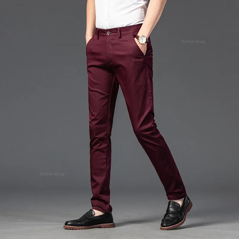 New Men's Business Straight Striped Casual Pants High Quality British Fashion Soft Elastic Trousers Black White Khaki Gray
