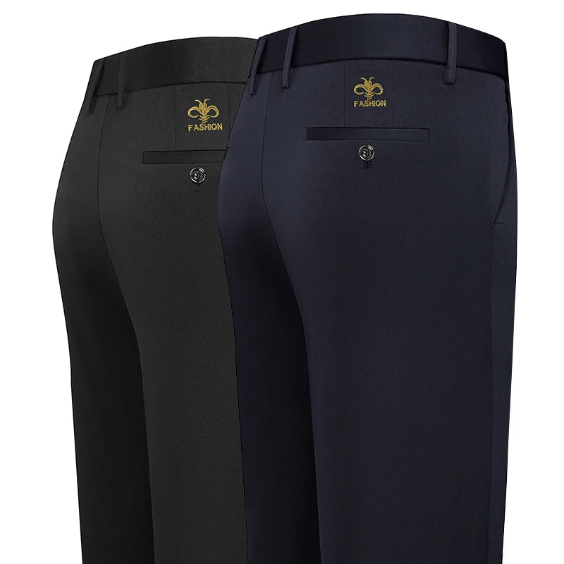 Spring Summer Mens Stretch Pants Smart Casual Suit Pants Wrinkle Resistant Dress Pants with Embroidery Pattern