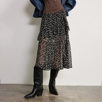 Women Chiffon Skirt 2026 Spring New Country Style Light and Flowing Floral Print Layered Ruffled Skirt