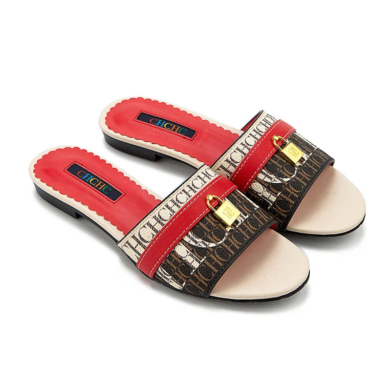 High Quality Metal Lock Monogram Print Women's Low Heeled Slippers Delicate and Versatile Women's Fashion Slippers