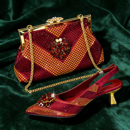 Italian Luxury Rhinestone Wine Pointed Toe High Heels with Matching Bag Set – Ideal for Parties and Special