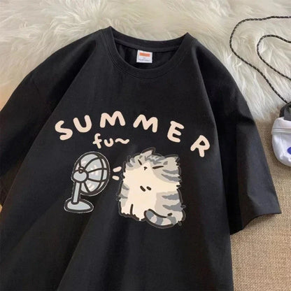 Korean Version Retro Minimalist Cat Printed Summer T-shirt Casual Loose Couple Thin Short Sleeves Women Men T Shirts