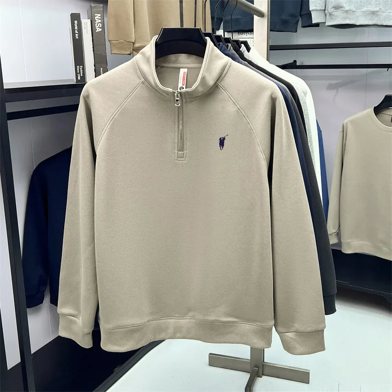 Half zip hoodie men's long sleeved t-shirt autumn plus size middle-aged and young embroidered pony logo collar polo shirt top