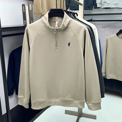 Half zip hoodie men's long sleeved t-shirt autumn plus size middle-aged and young embroidered pony logo collar polo shirt top