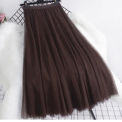 New large hem chiffon long skirt for women's Korean casual simple solid color three-layer A-line high waisted long skirt