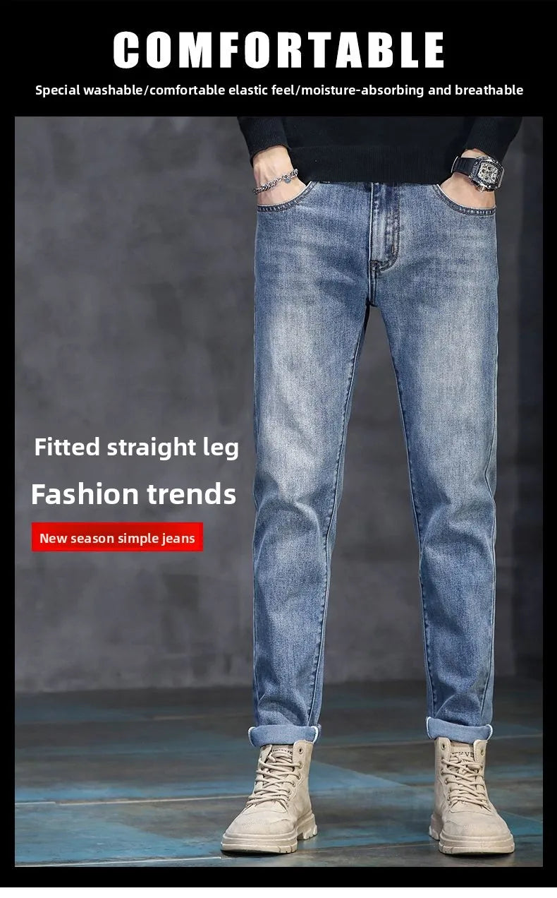 New Autumn/Winter 2026 Young Men Slim Stretch Jeans Straight Men High Waist Young Men Fashion Men's Trousers Jeans Pants