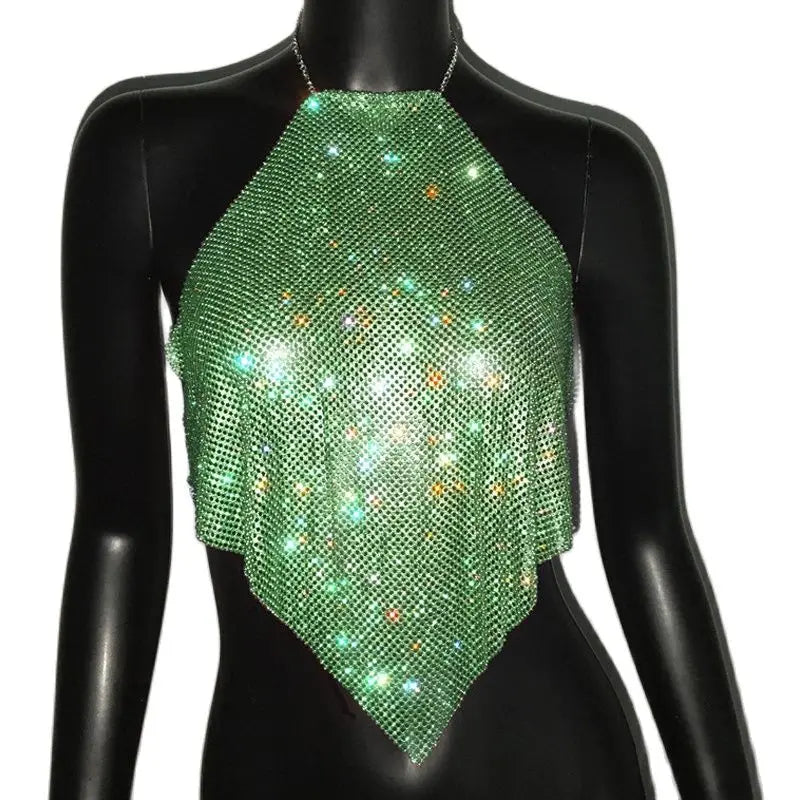 Fashion Summer Backless Tank Top Women Shiny Rhinestone Metal Sequins Halter Neck Camisole Rave Festival Party Crop Tops