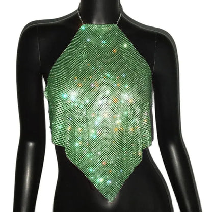 Fashion Summer Backless Tank Top Women Shiny Rhinestone Metal Sequins Halter Neck Camisole Rave Festival Party Crop Tops